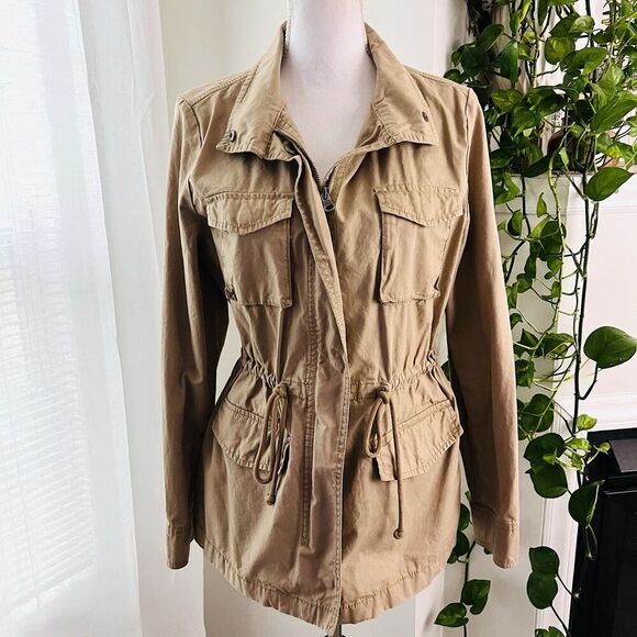 Old Navy Brown 100% Cotton Zip up Snap Drawstring Waist Utility Jacket Size Med - Picture 1 of 10